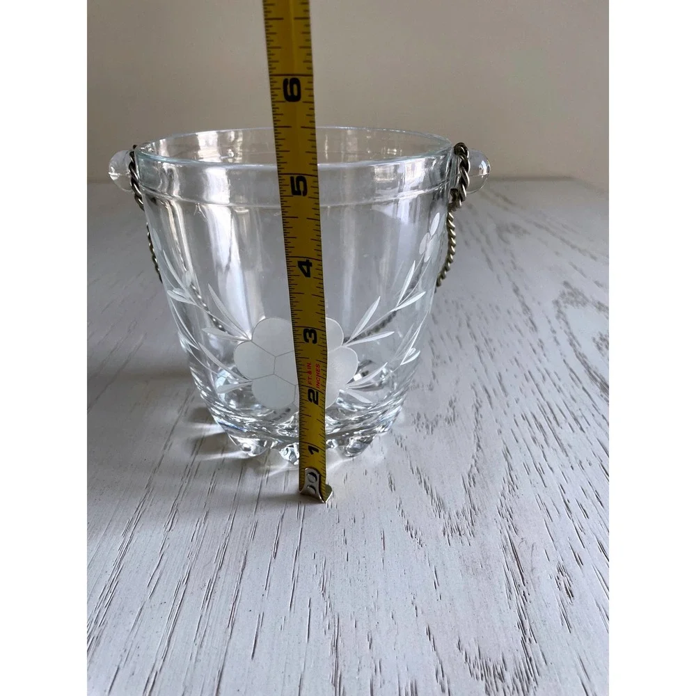 Vintage Midcentury Glass Ice Bucket Etched Floral Design Twisted Metal Handle 5